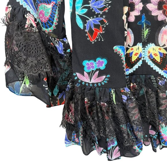 TRYB Silk Blouse XS Black Floral Chiffon Peasant Top Ruffle Lace Anthropologie - Picture 9 of 9